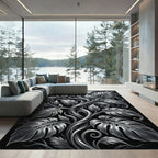 Monochrome Silver Botanical Foliage Swirl Rug