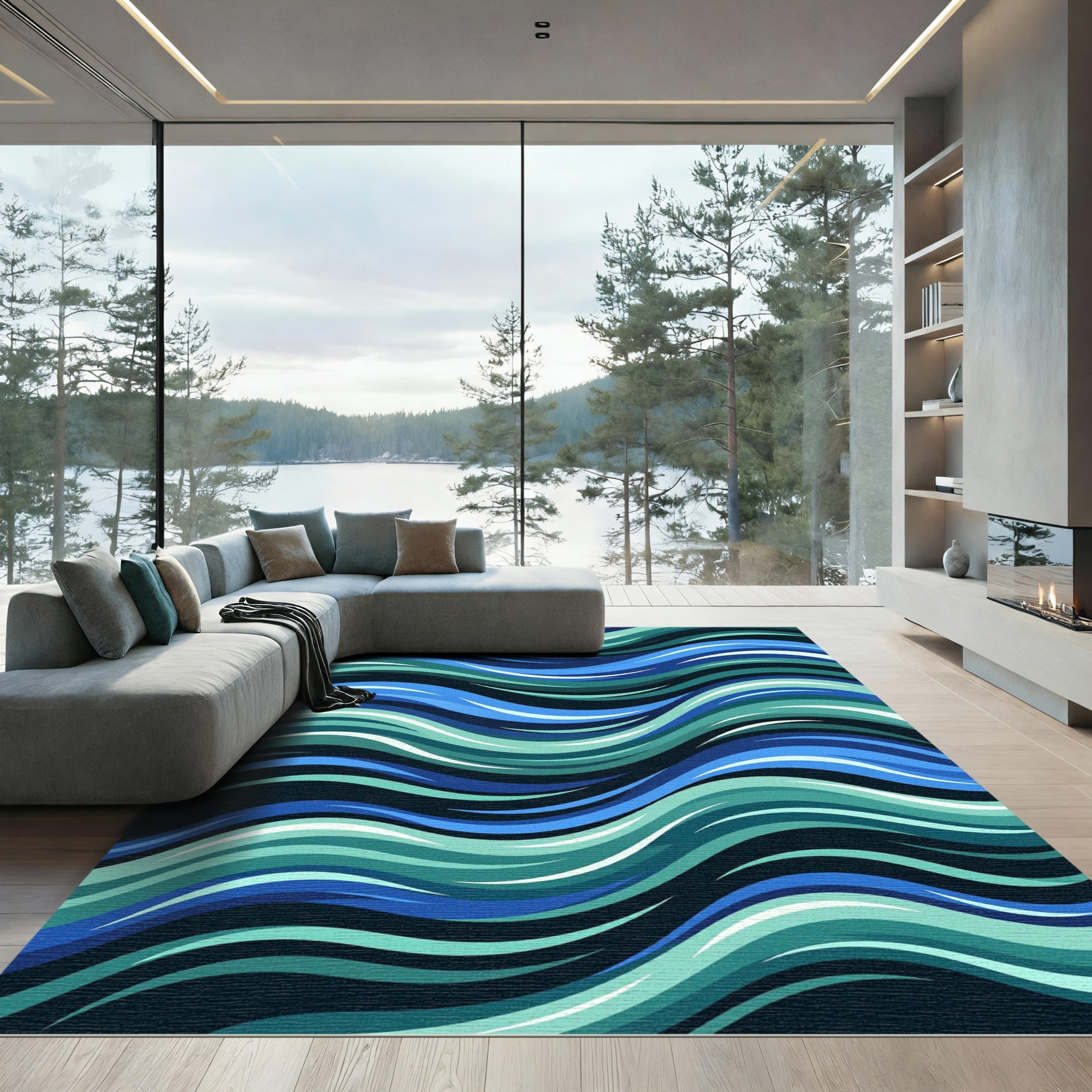 Modern Teal and Navy Flowing Waves Rug