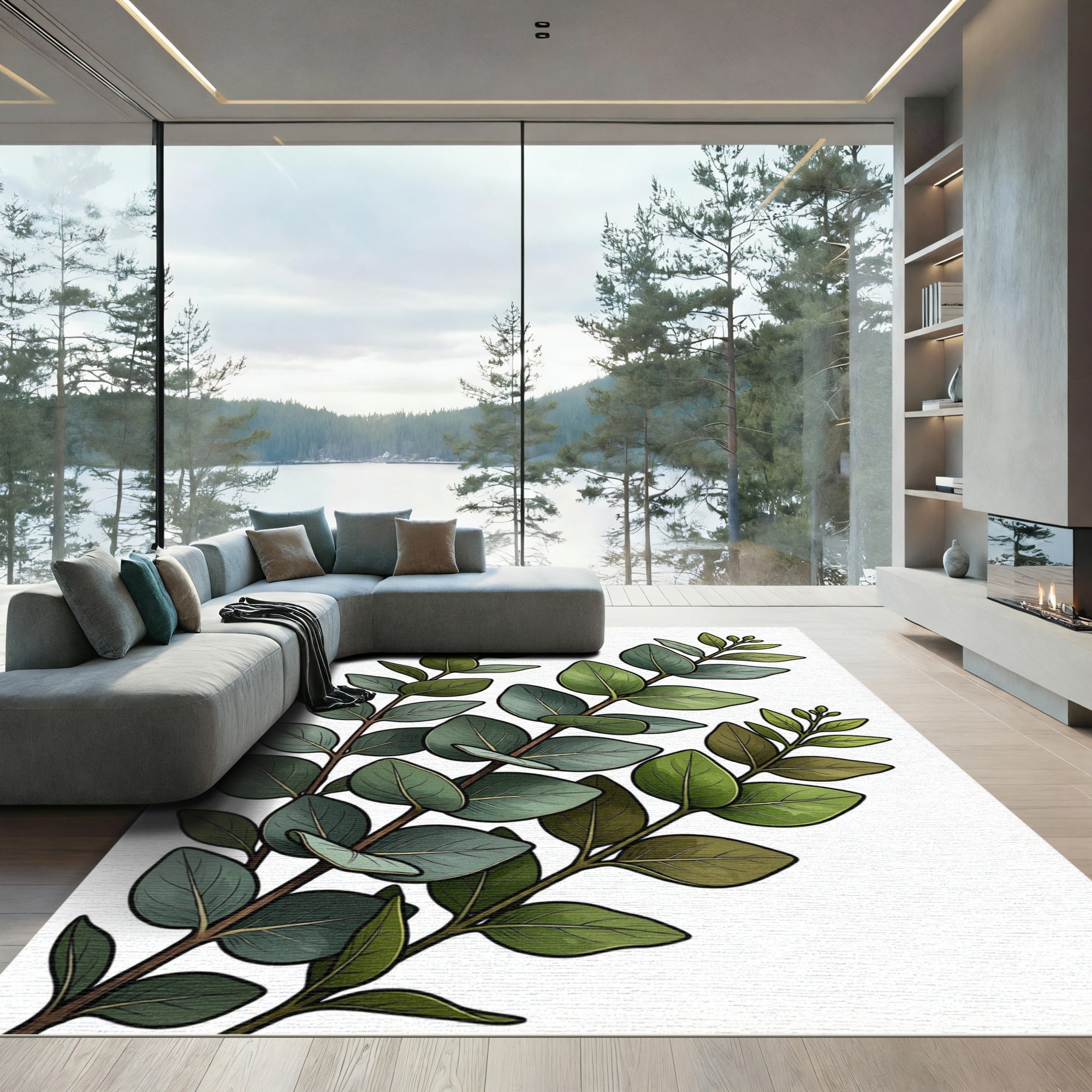 Earthy Green Eucalyptus Botanical Branch Rug