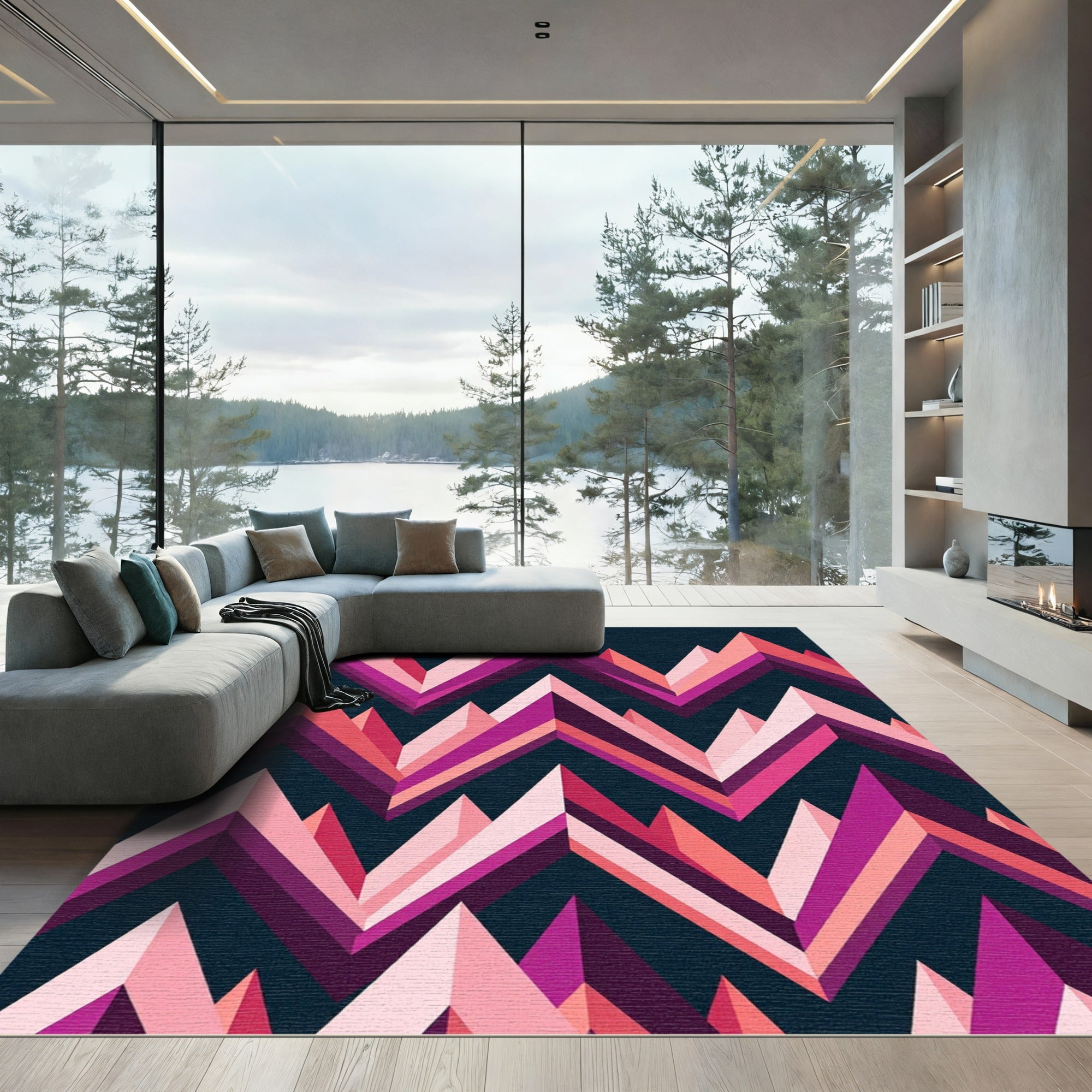 Crimson Pink Geometric Mountain Peak Rug