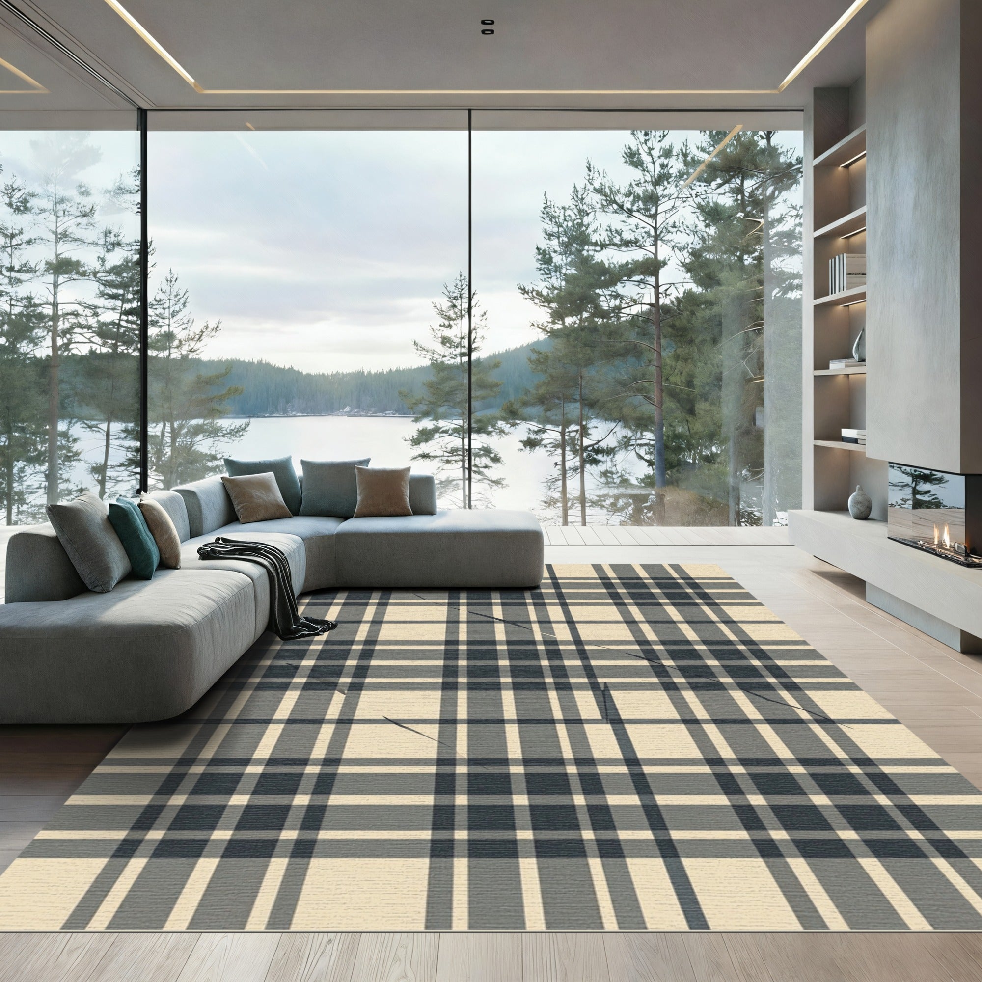 Monochrome Plaid Linear Interruption Rug