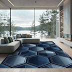Deep Blue Geometric Hexagon Facets Rug