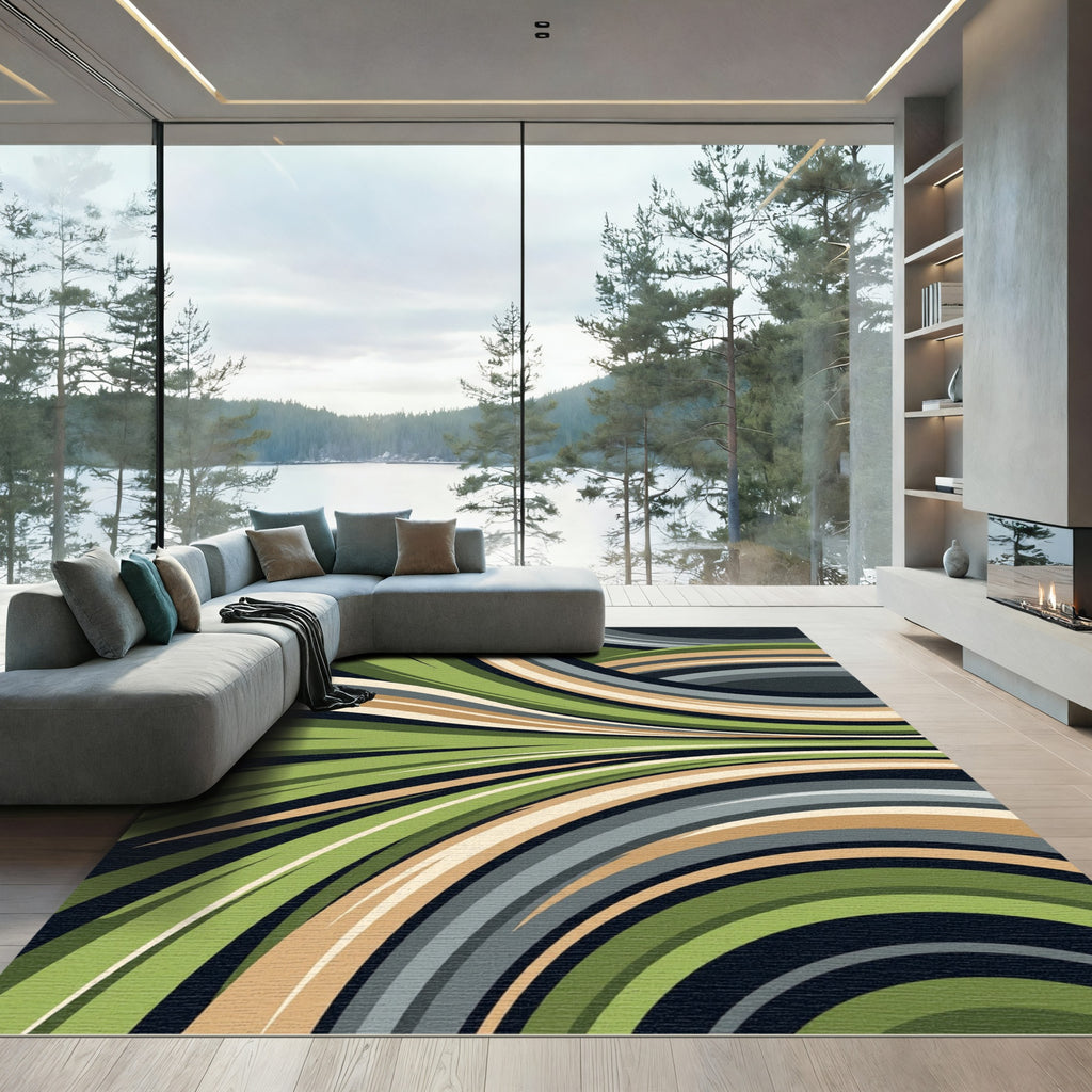 Modern Curved Sage and Sand Wave Rug