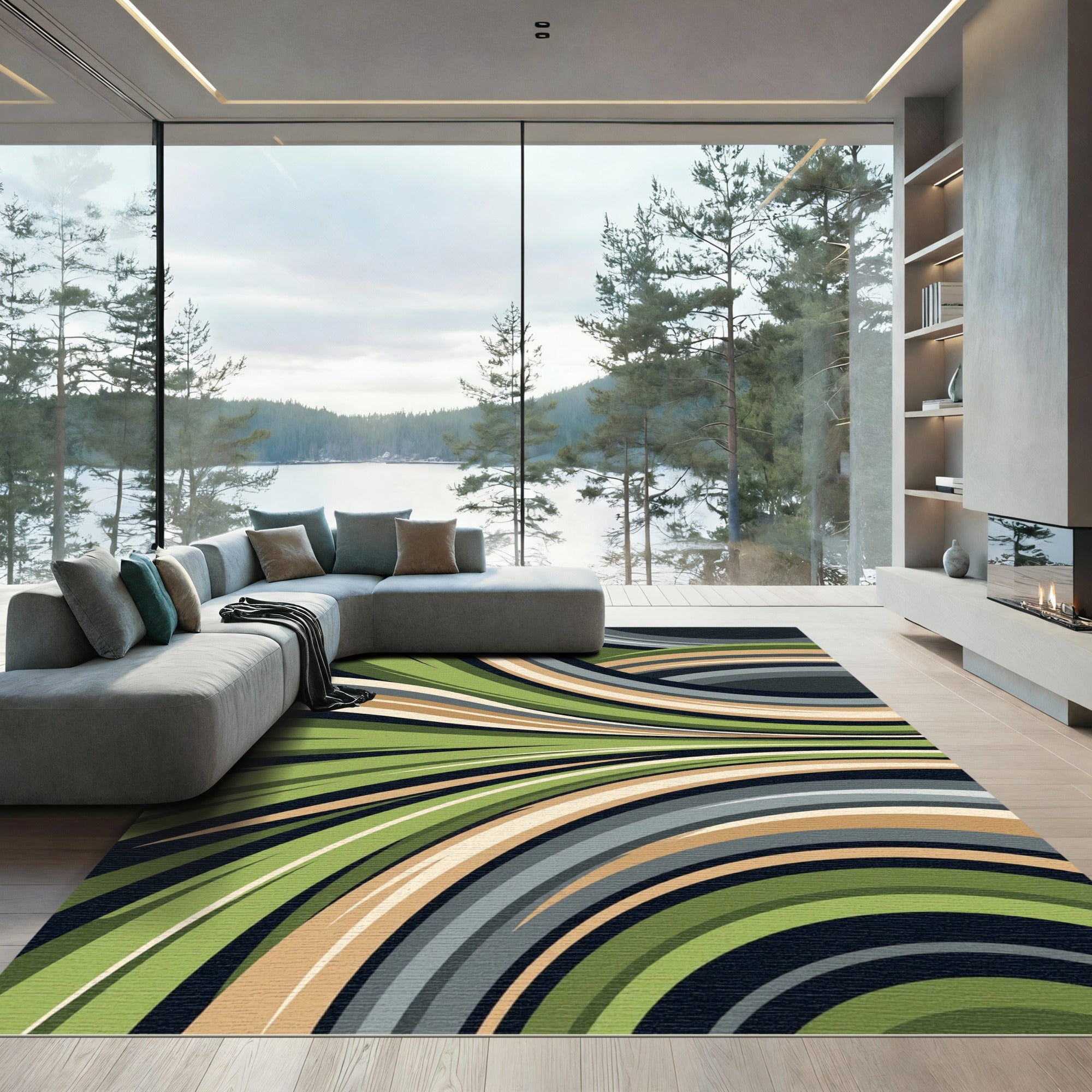 Modern Curved Sage and Sand Wave Rug