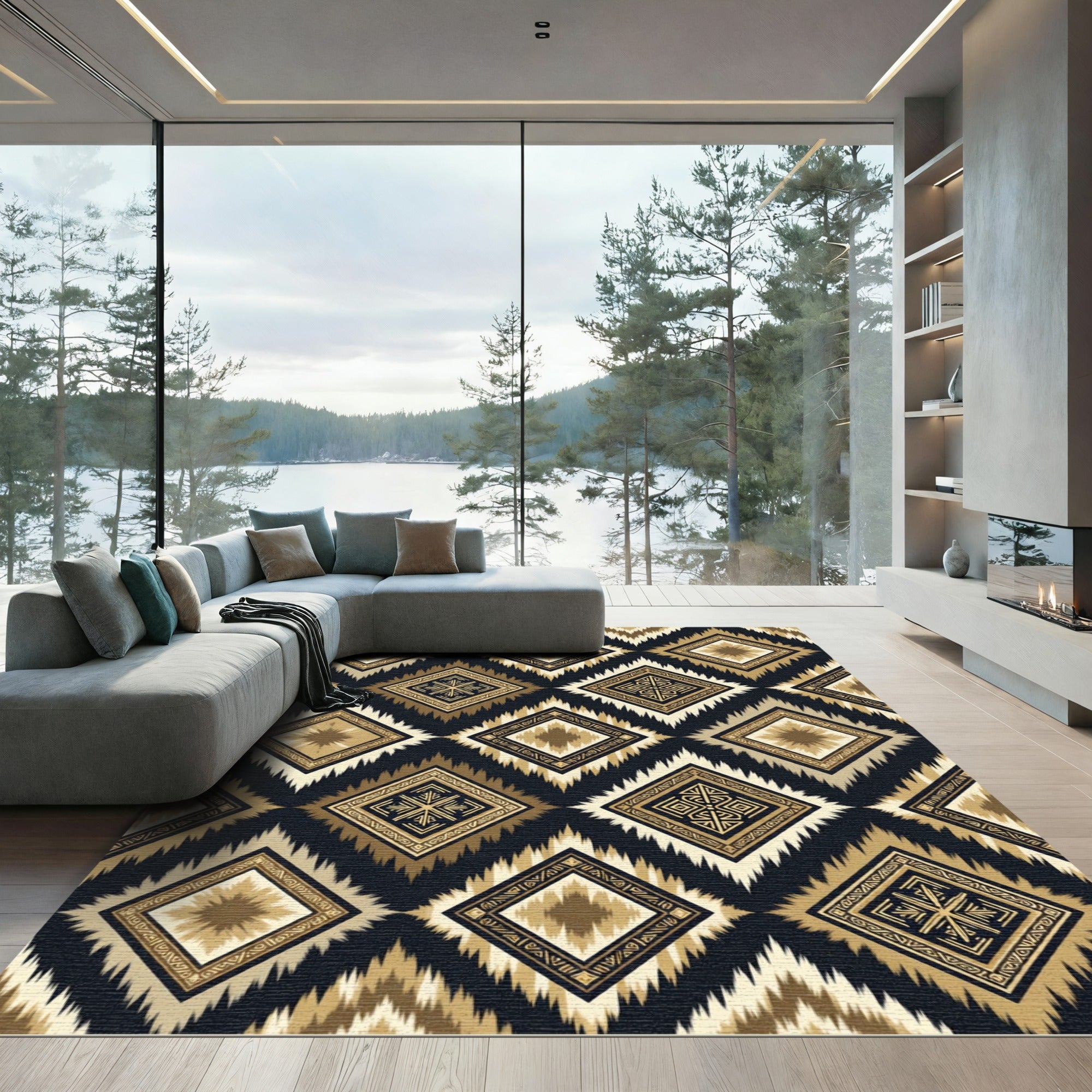 Gold Black Tribal Diamond Geo Rug