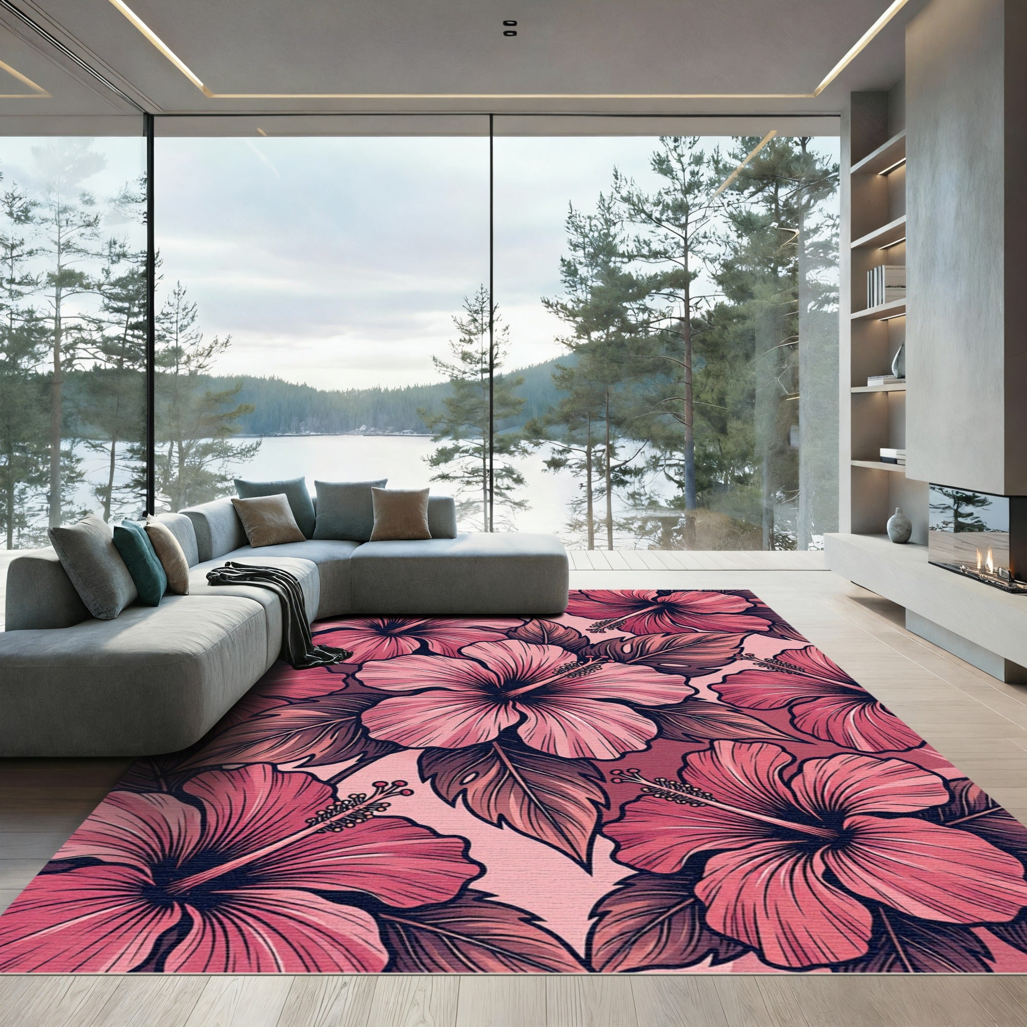 Pink Hibiscus Floral Garden Rug