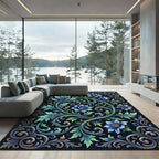Ornate Blue Floral Vine Swirl Rug