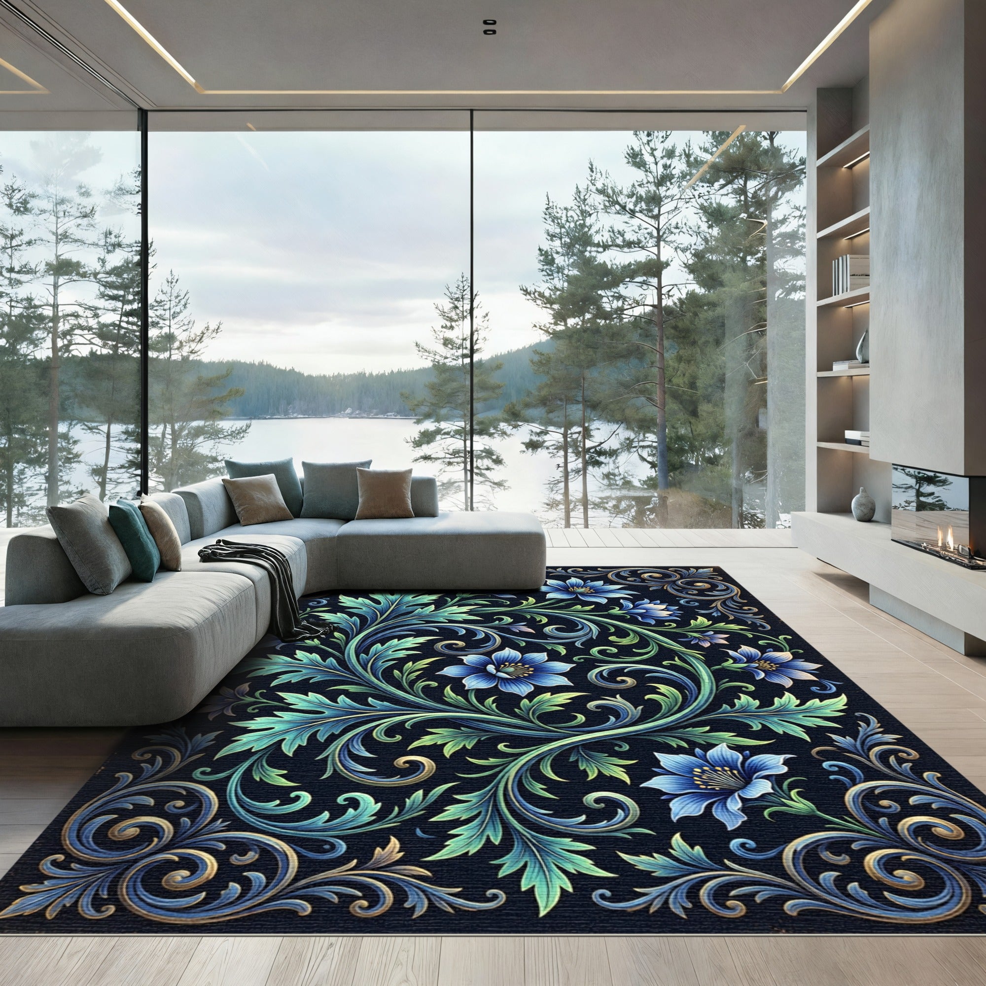 Ornate Blue Floral Vine Swirl Rug