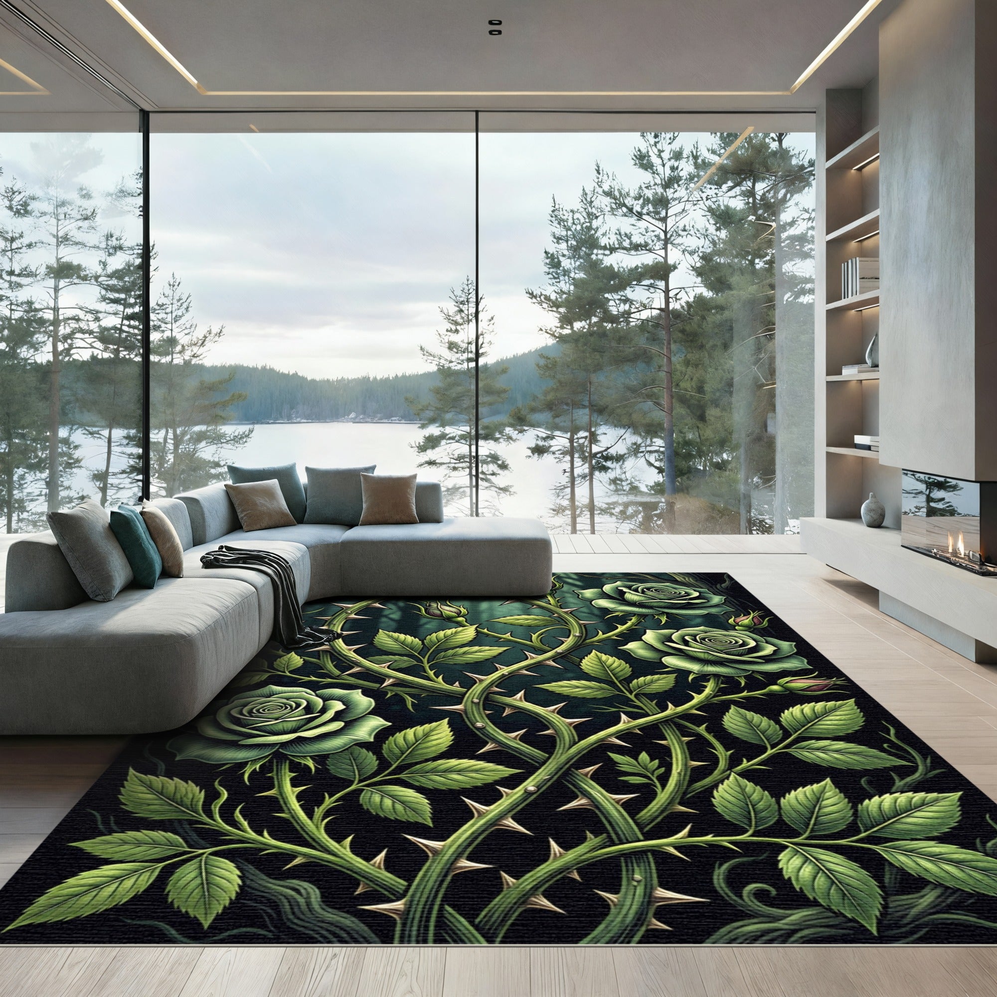 Gothic Emerald Rose and Thorn Trellis Rug