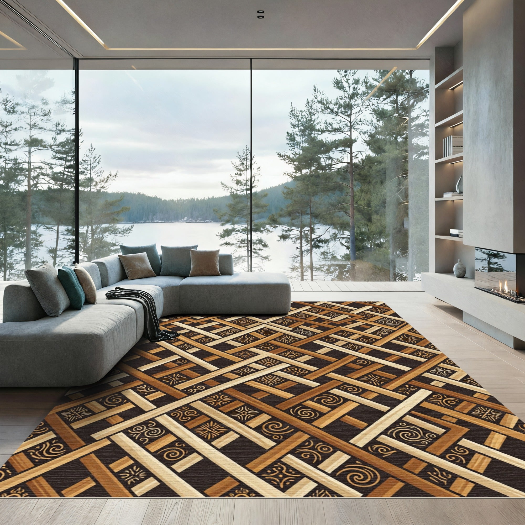 Geometric Brown Wooden Lattice Weave Rug