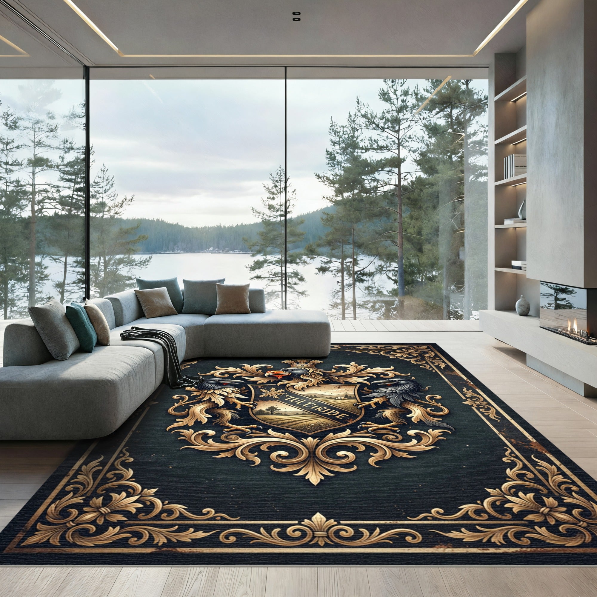 Gothic Gold Raven Heraldic Crest Area Rug