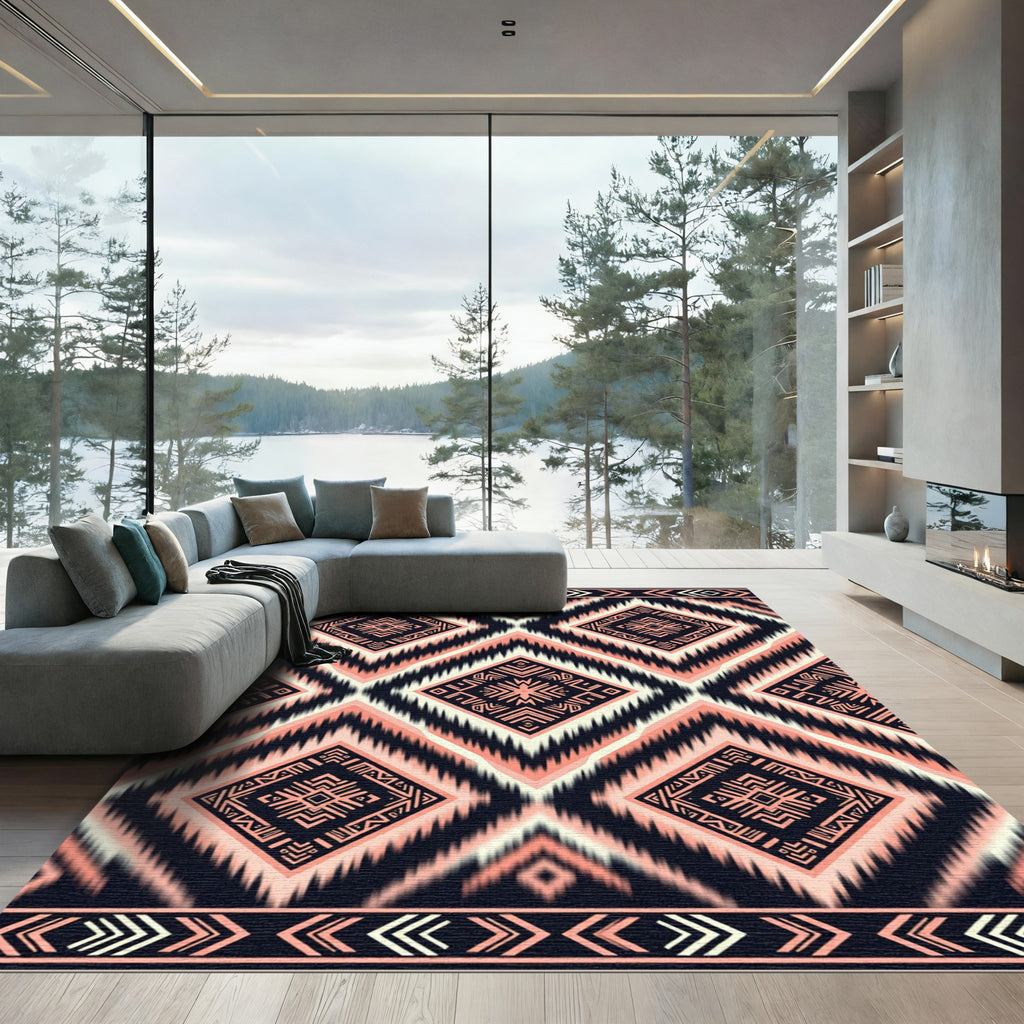 Black Peach Geometric Tribal Diamond Rug