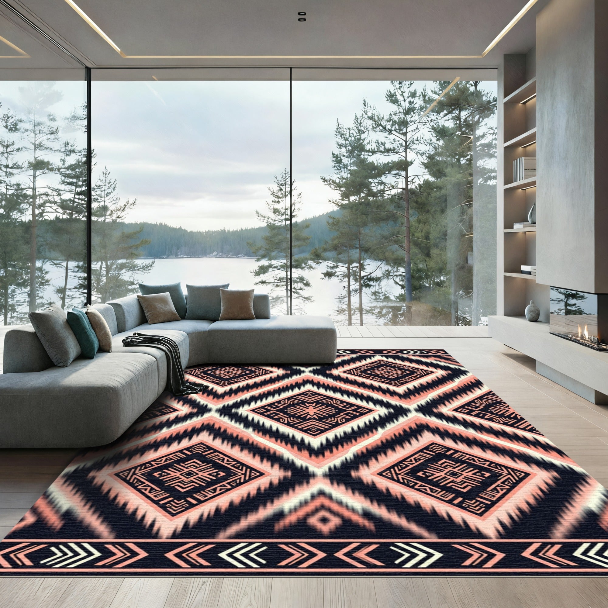 Black Peach Geometric Tribal Diamond Rug