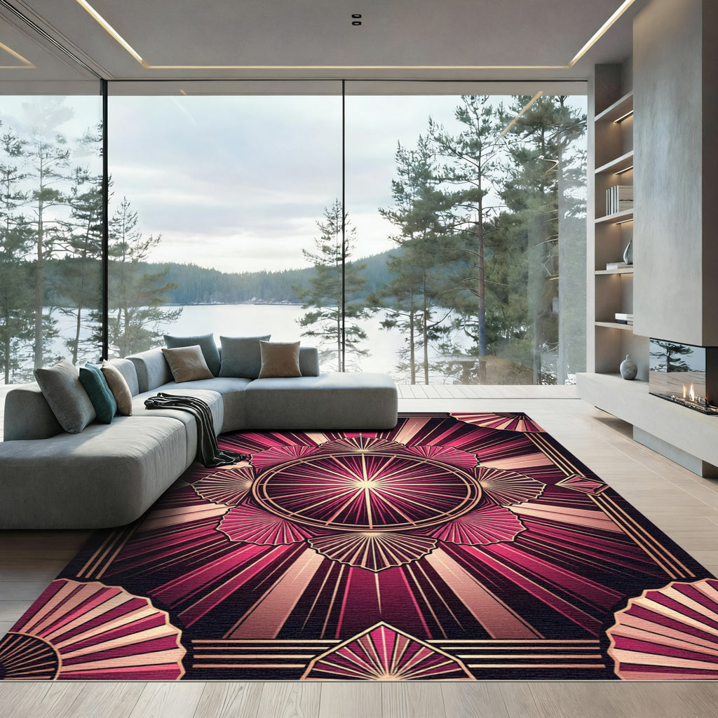 Crimson Pink Geometric Sunburst Rug