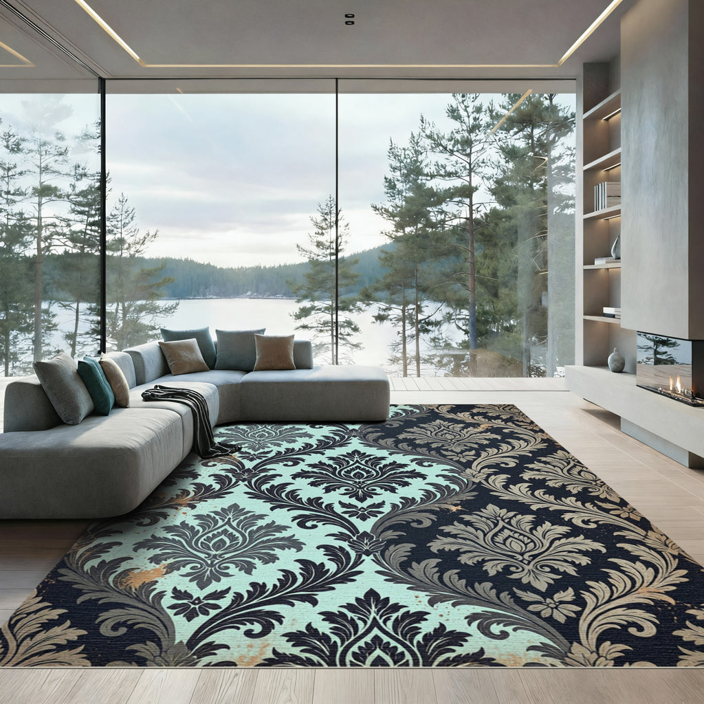 Two-Tone Aquamarine and Charcoal Damask Rug