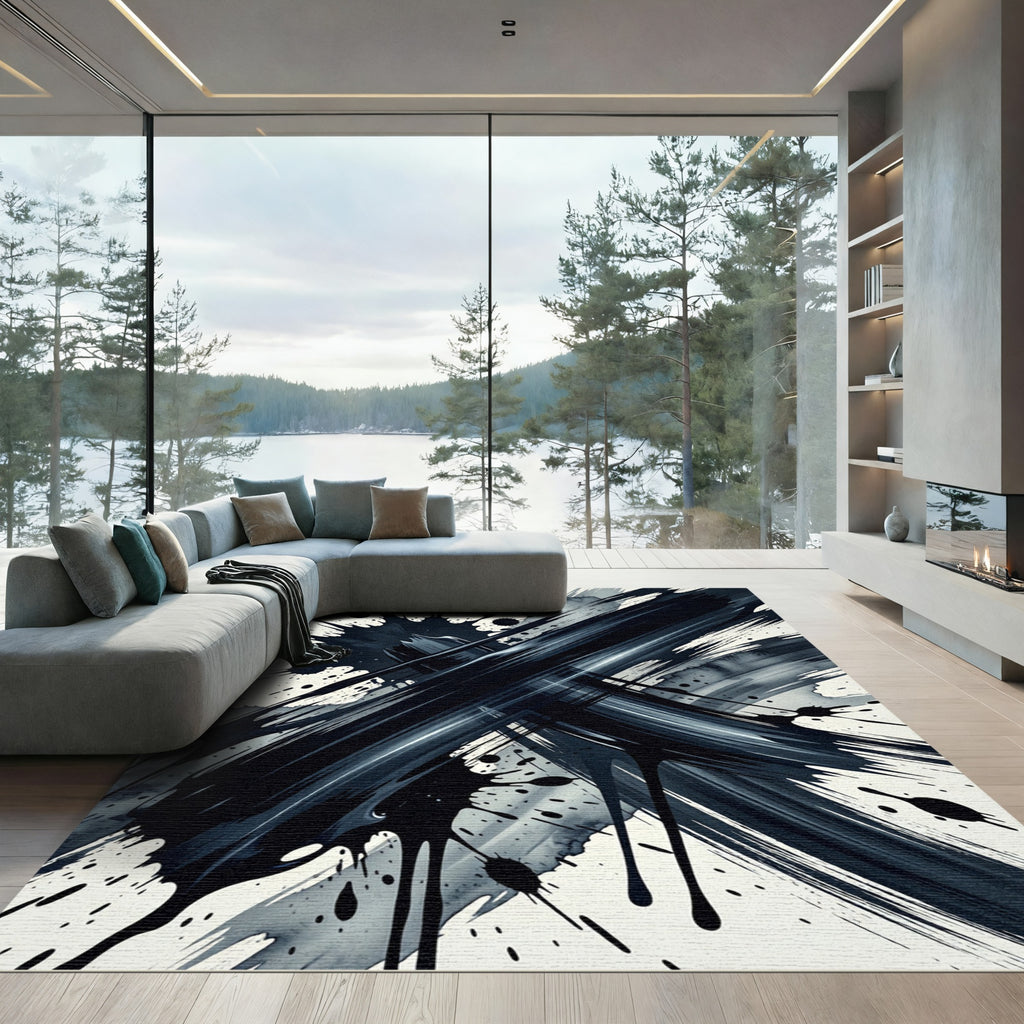 Dark Ink Splash Abstract Brushstrokes Rug