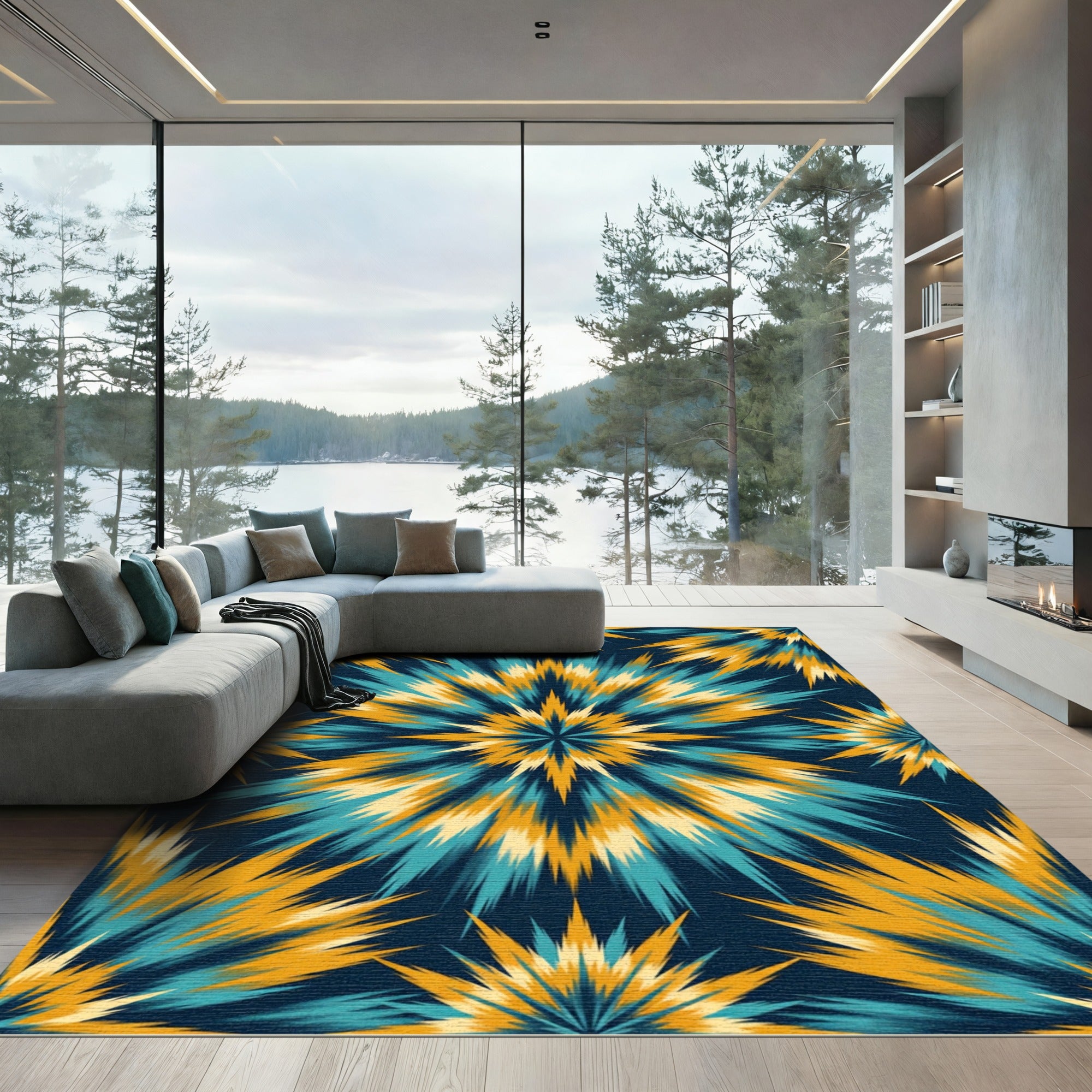 Deep Blue Teal Gold Burst Rug