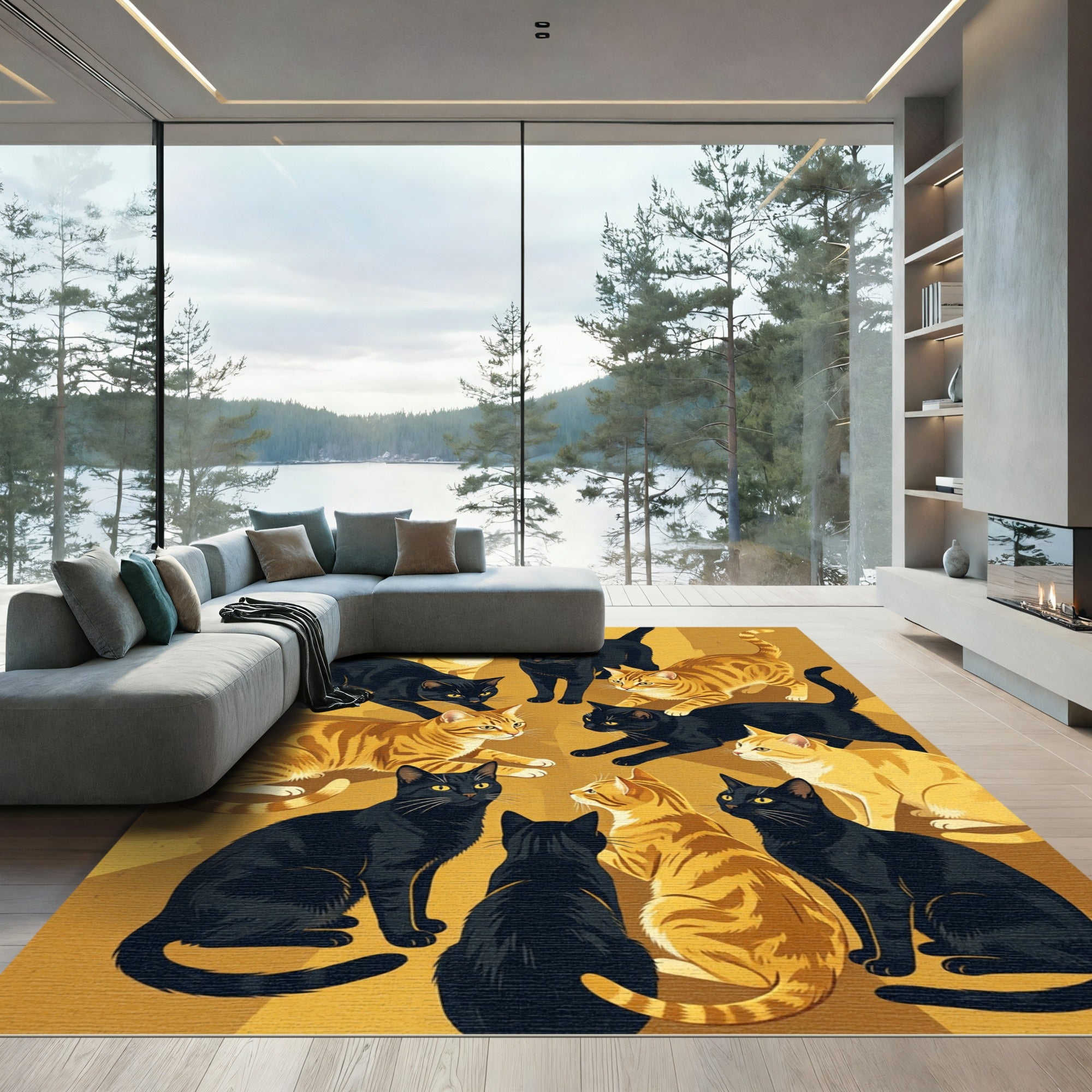 Whimsical Black Orange Cat Gathering Rug