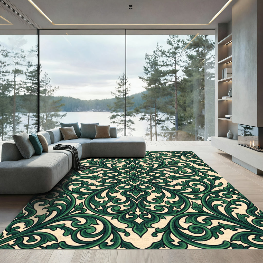 Emerald Verdant Scroll Baroque Damask Rug