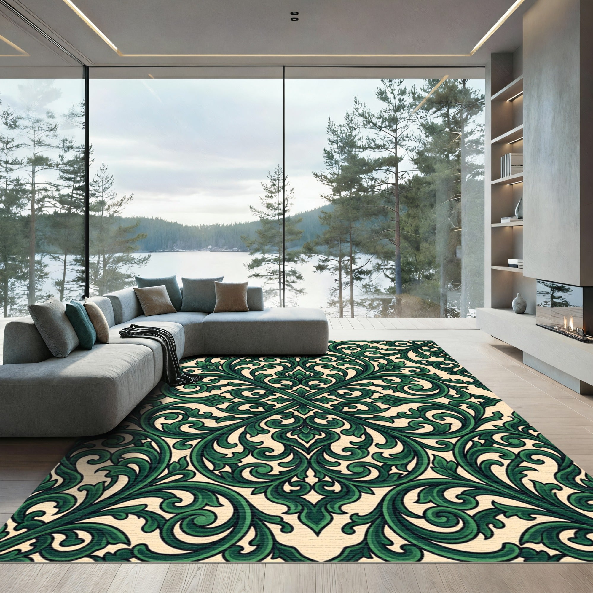 Emerald Verdant Scroll Baroque Damask Rug