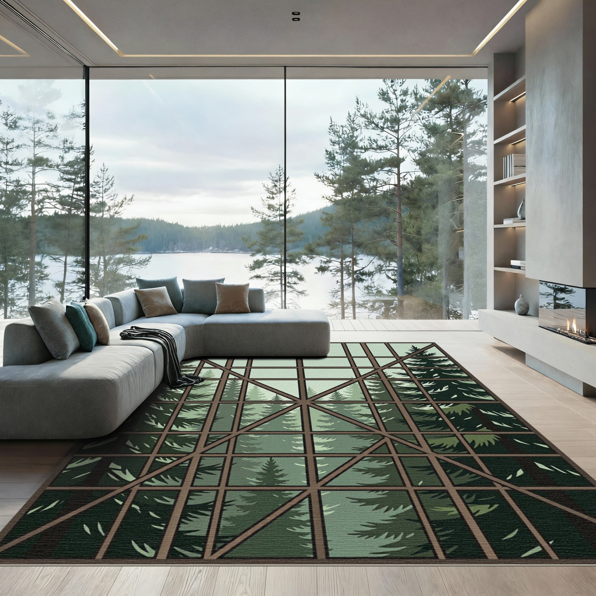 Green Forest Window Pane Landscape Rug