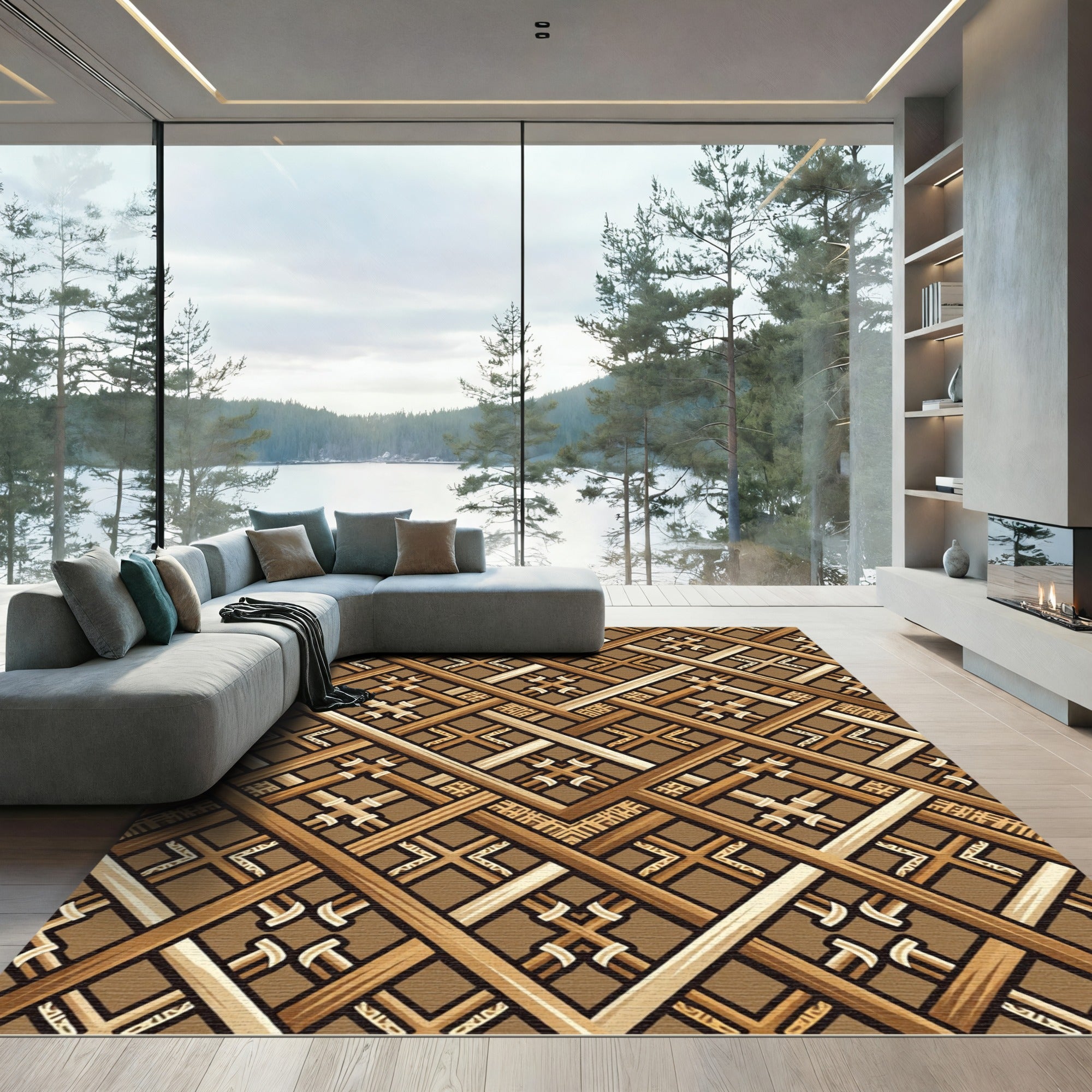 Earthy Geometric Lattice Woven Wood Rug