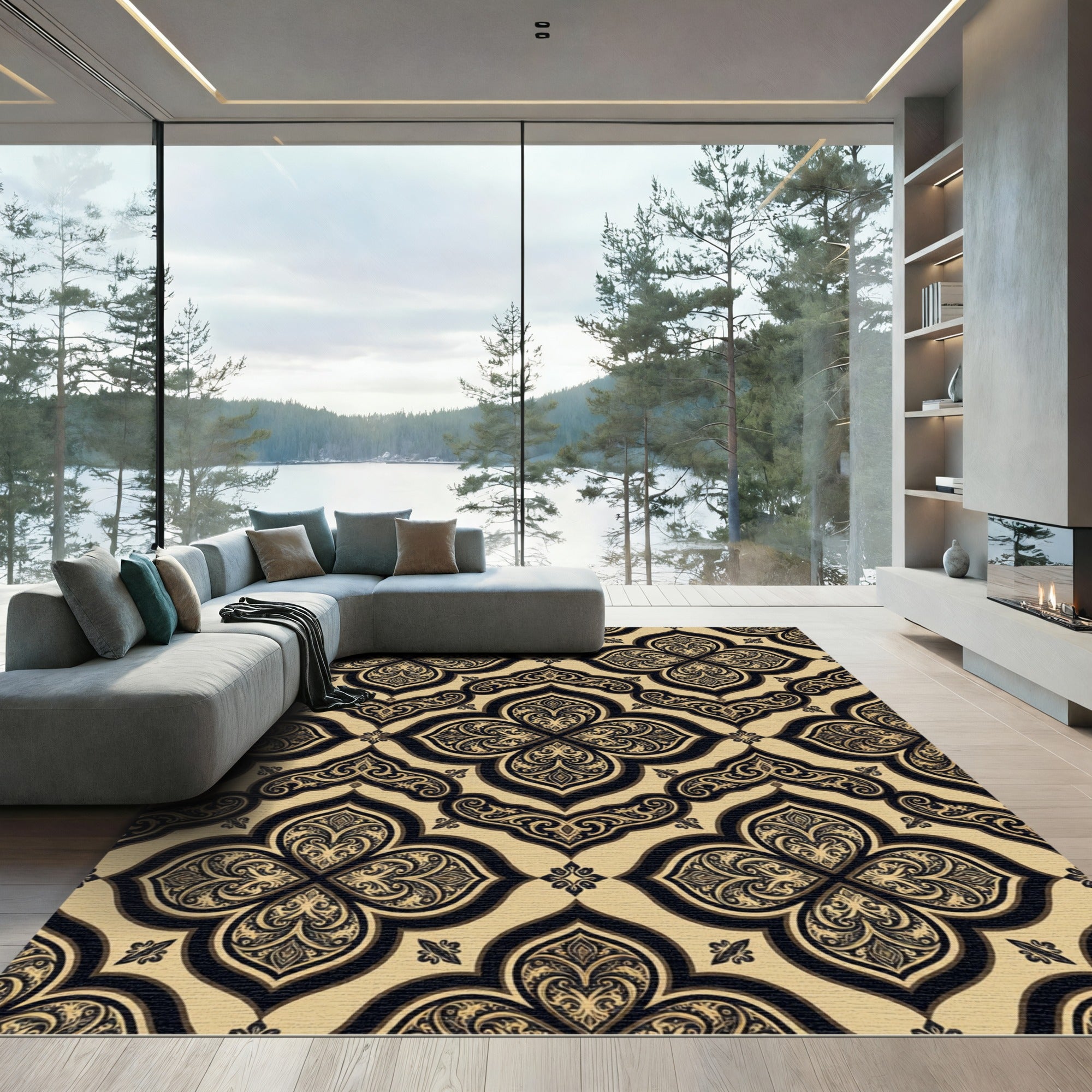 Elegant Gold Black Quatrefoil Damask Rug