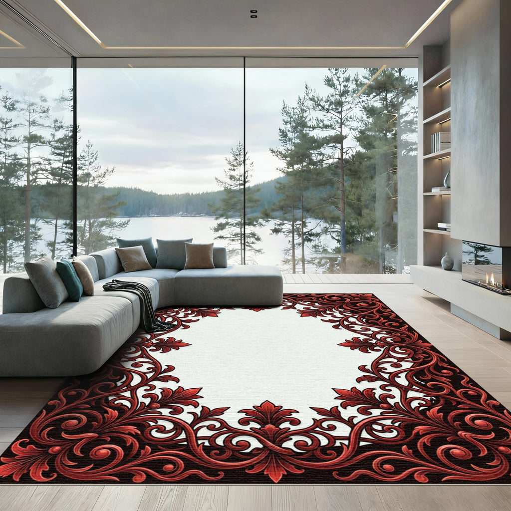 Ornate Red Leaf Scroll Border Rug