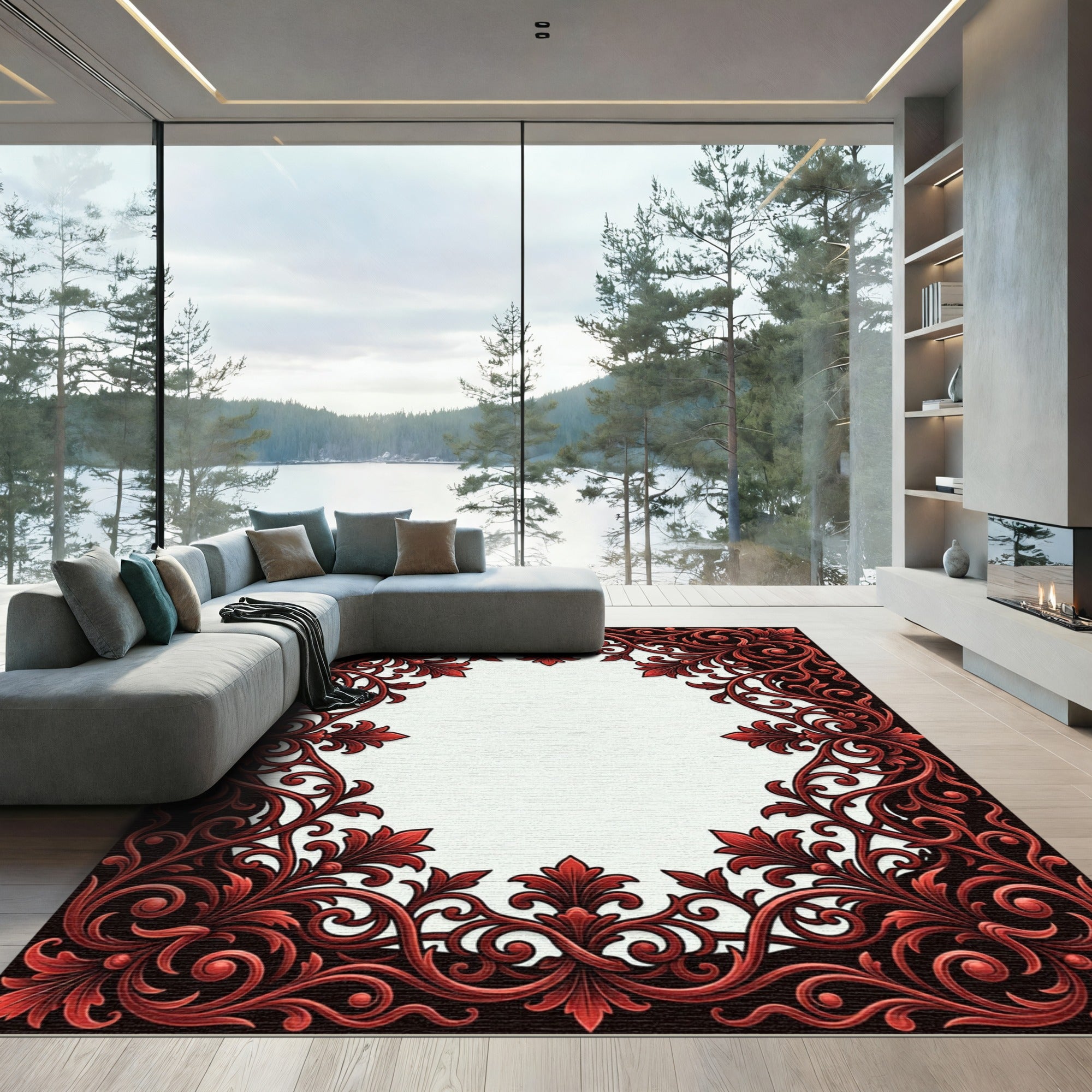 Ornate Red Leaf Scroll Border Rug