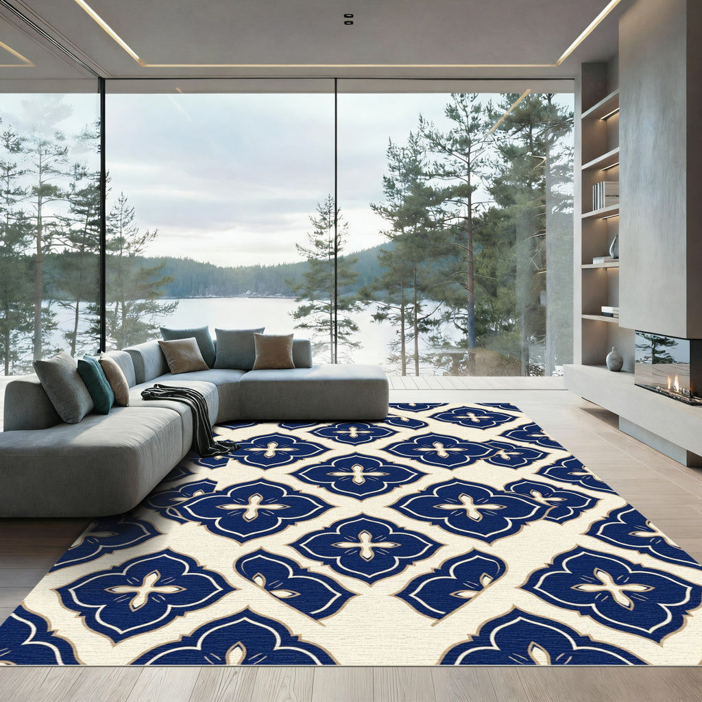 Navy Blue Quatrefoil Geometric Trellis Rug