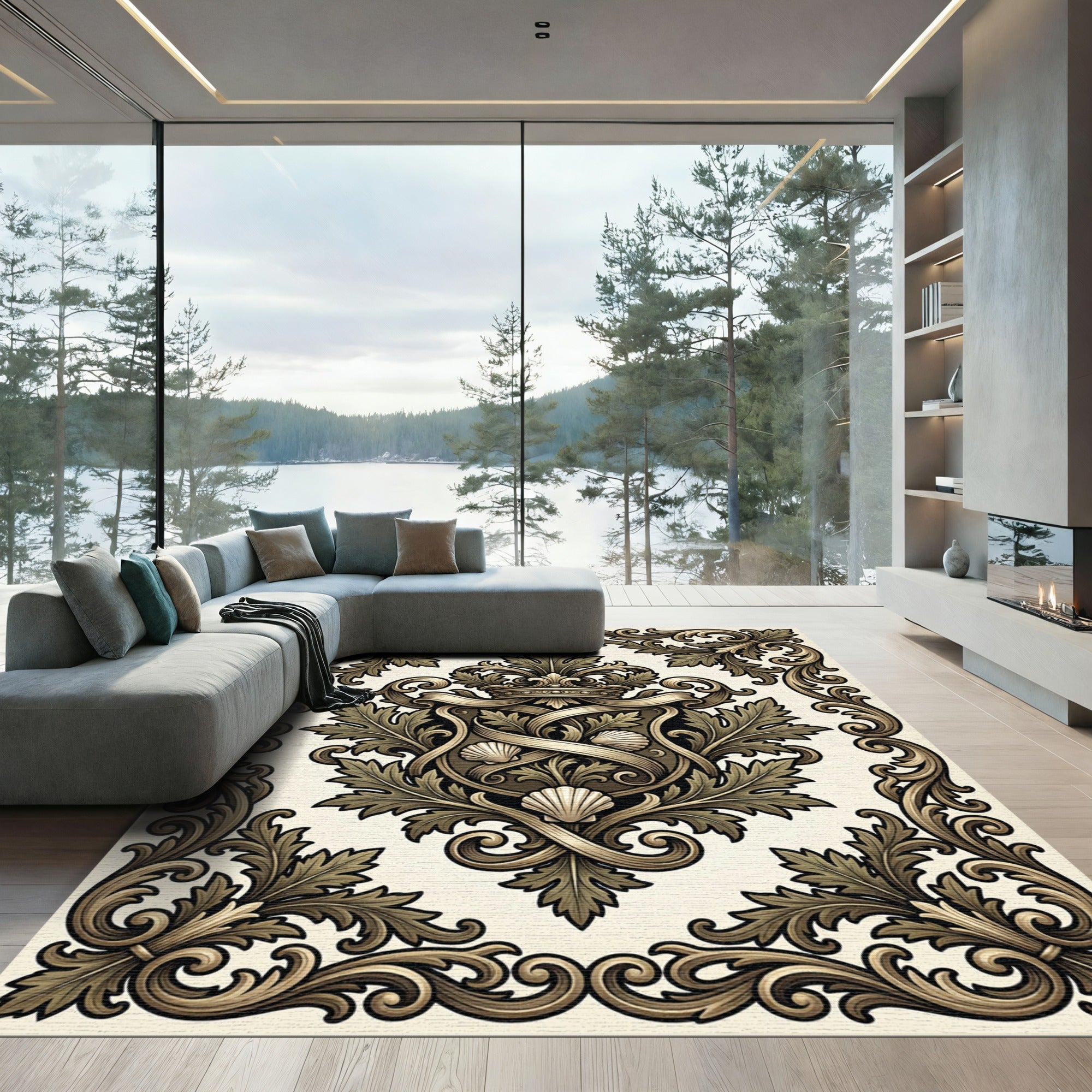 Ornate Golden Crown Shell Acanthus Crest Rug
