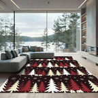 Crimson White Snowfall Village Trees Rug
