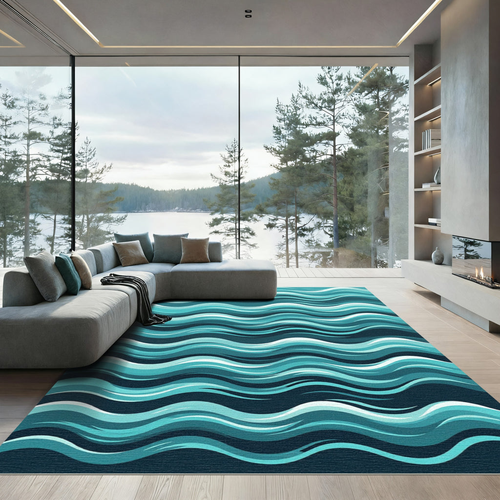 Modern Teal Serene Ocean Waves Rug