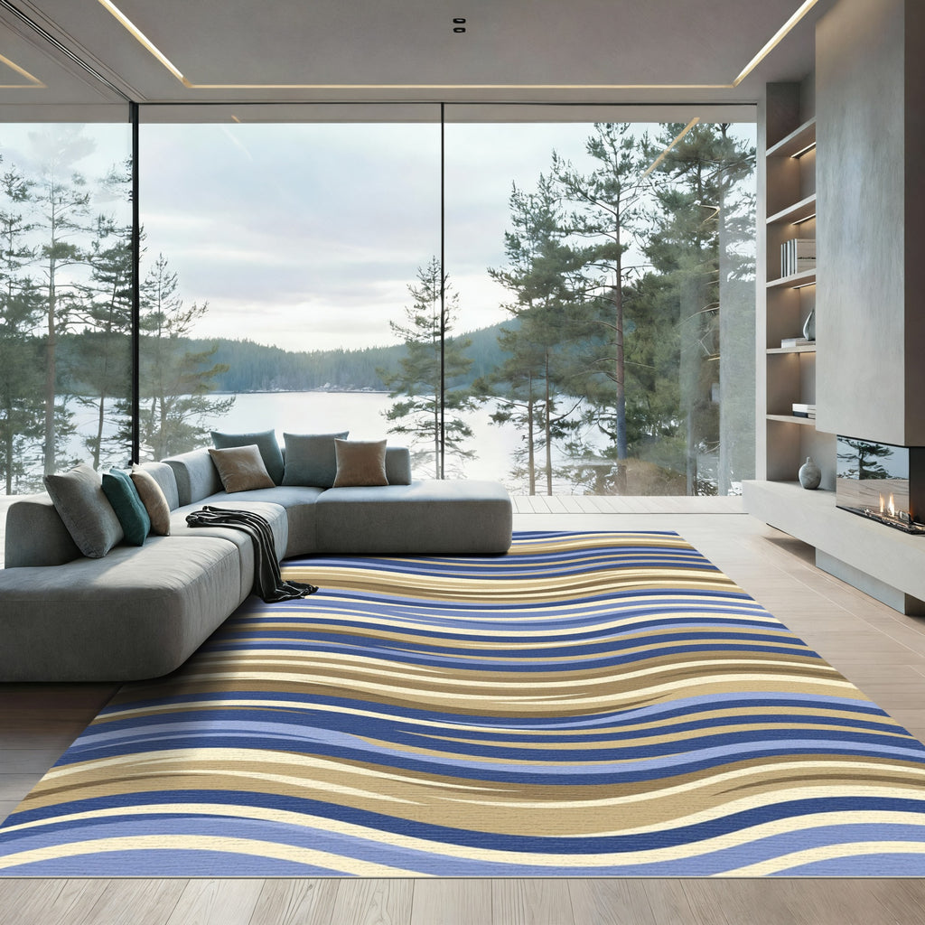 Coastal Blue and Sandy Wavy Stripes Rug