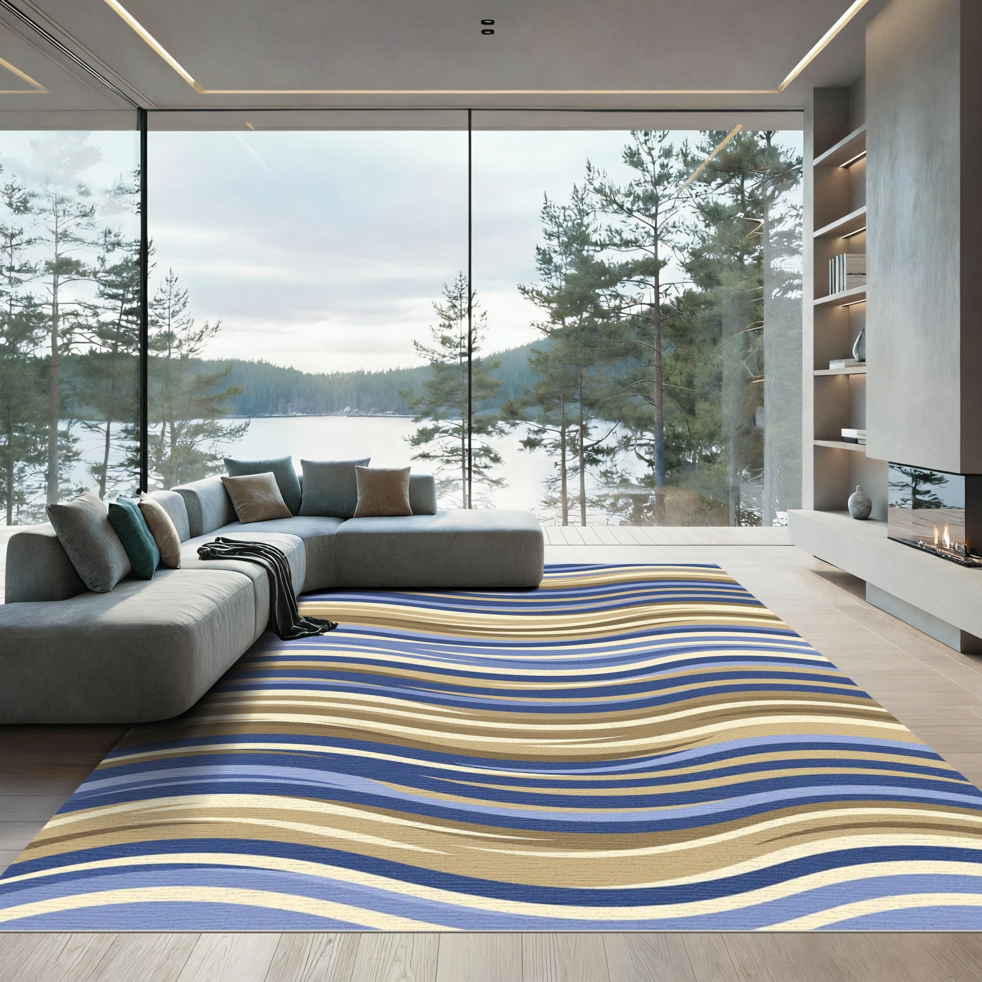 Coastal Blue and Sandy Wavy Stripes Rug