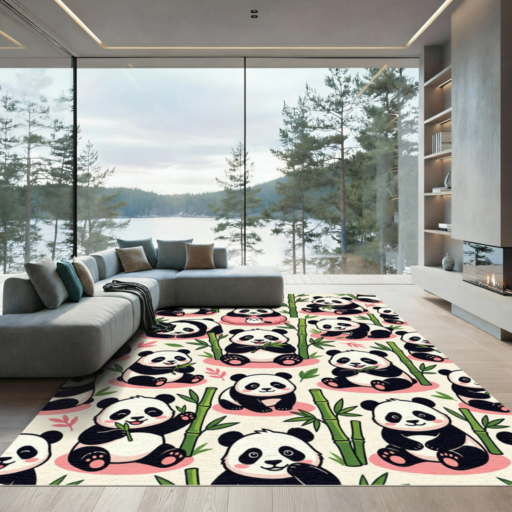 Cute Panda and Bamboo Forest Illustration Rug