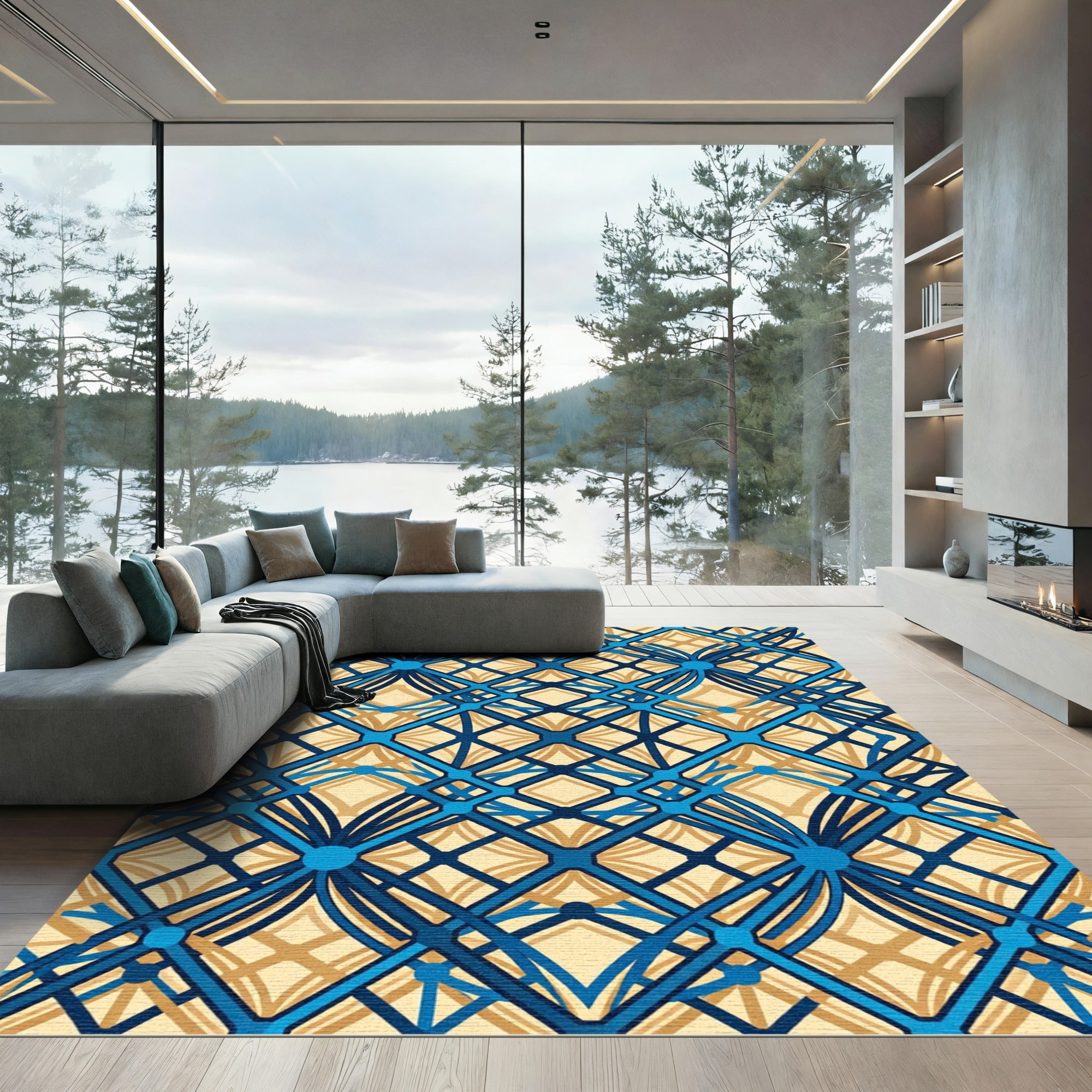 Geometric Grid Azure and Gold Entangled Rug