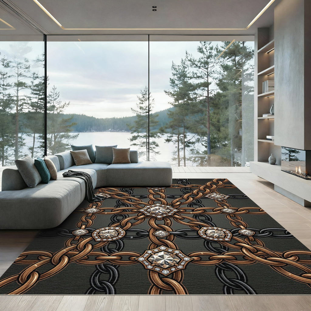 Opulent Gold Chain Linked Jewel Grid Rug