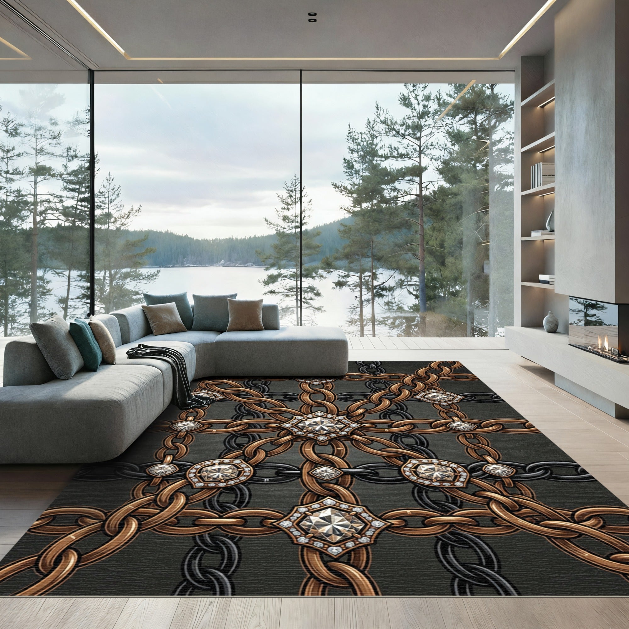 Opulent Gold Chain Linked Jewel Grid Rug