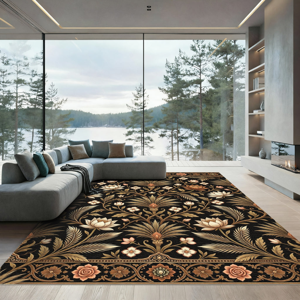 Elegant Black and Gold Lotus Floral Rug