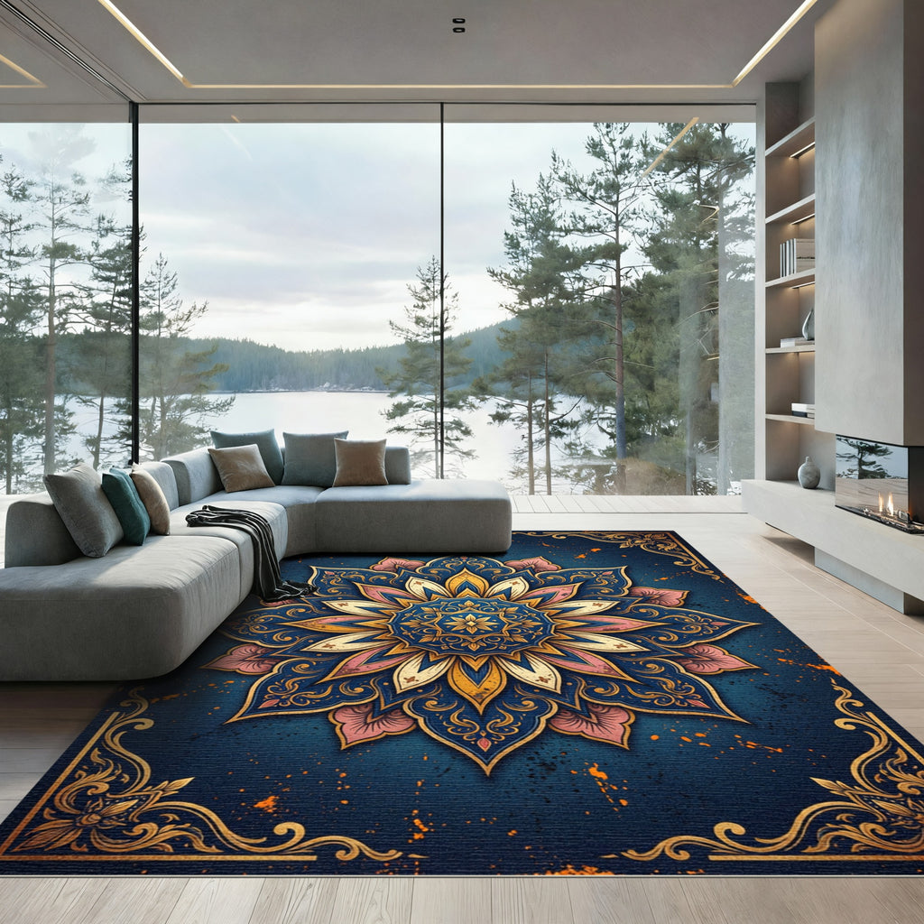 Elegant Navy Golden Lotus Mandala Rug