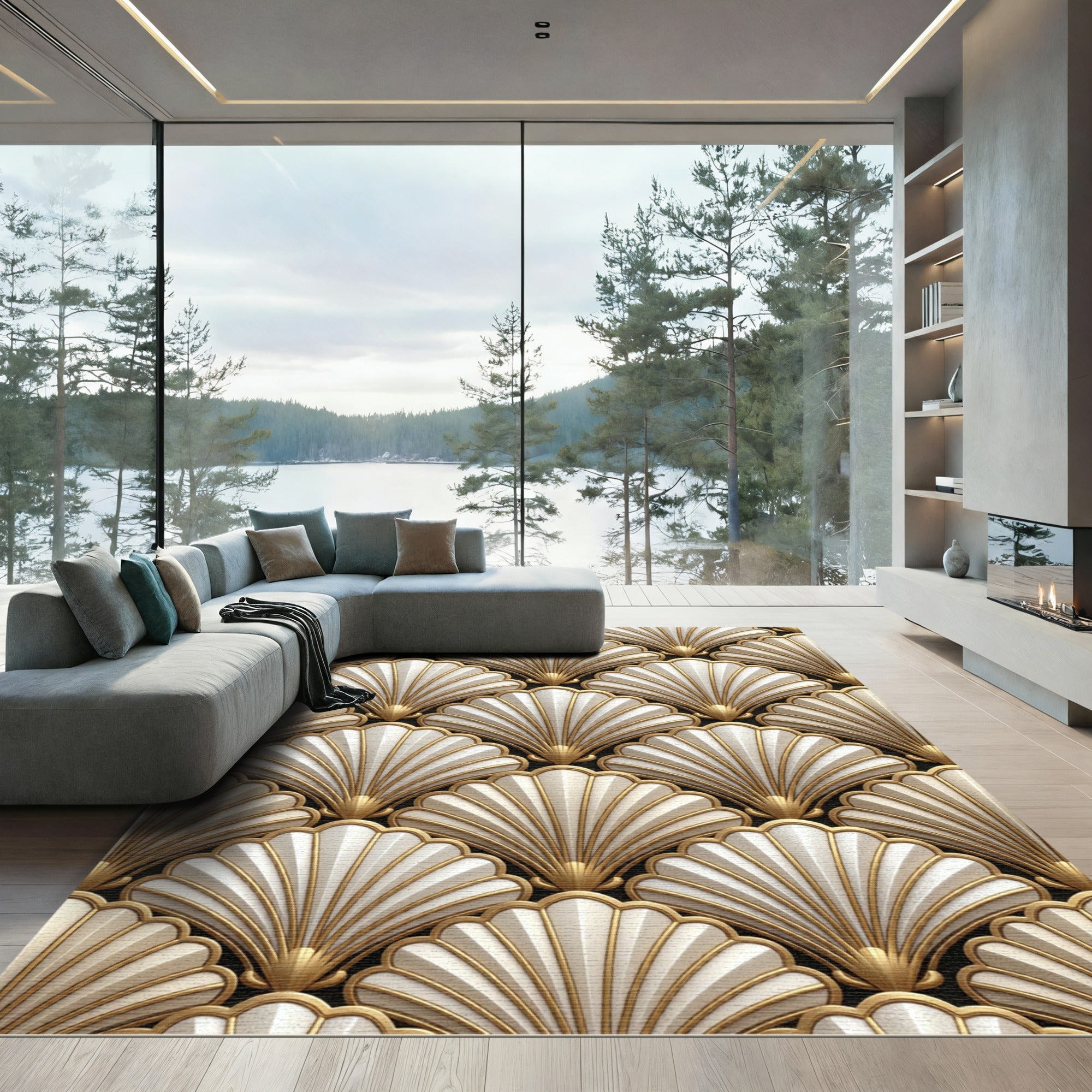 Glamorous White Gold Fan Relief Rug
