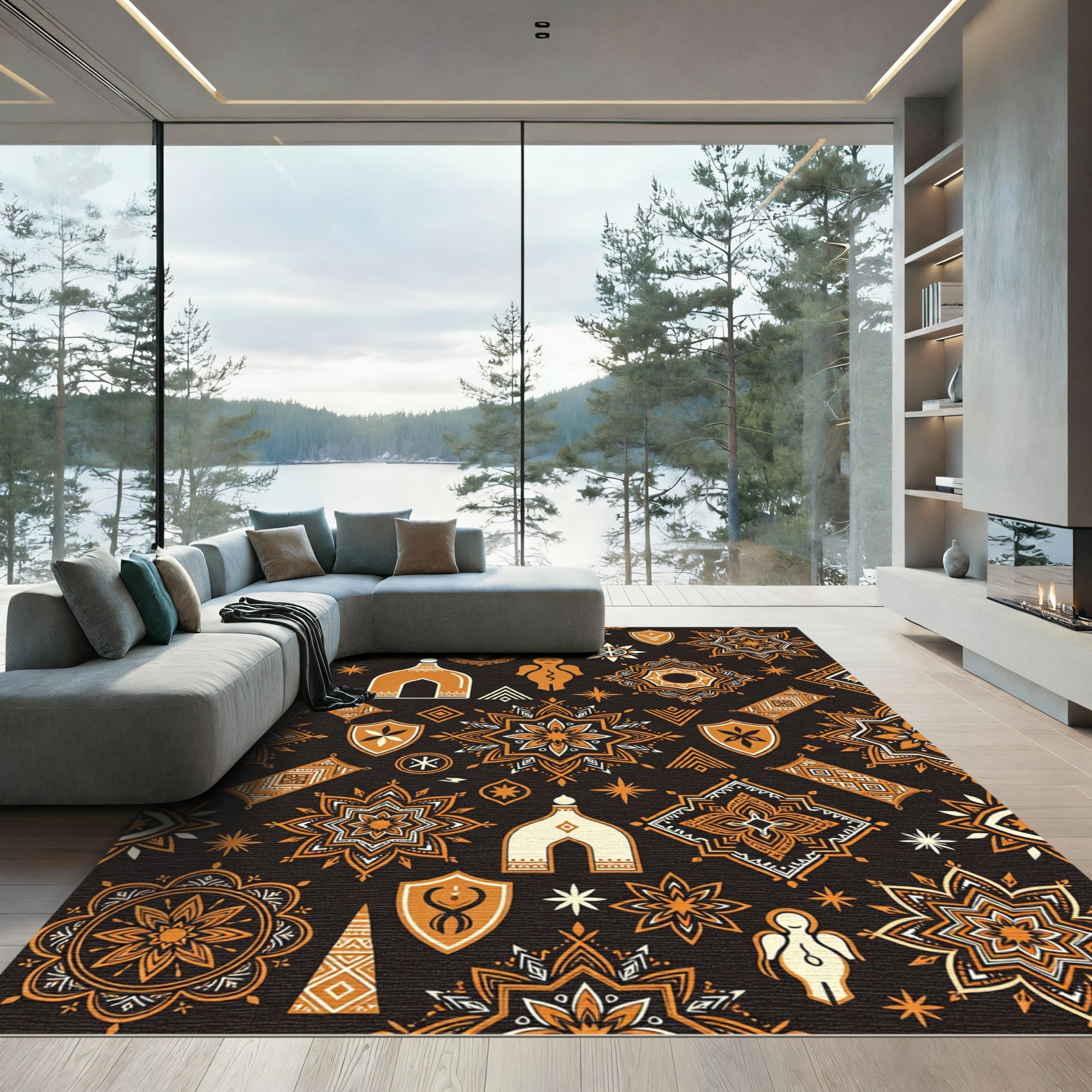 Earthy Amber Folk Celestial Geometric Rug