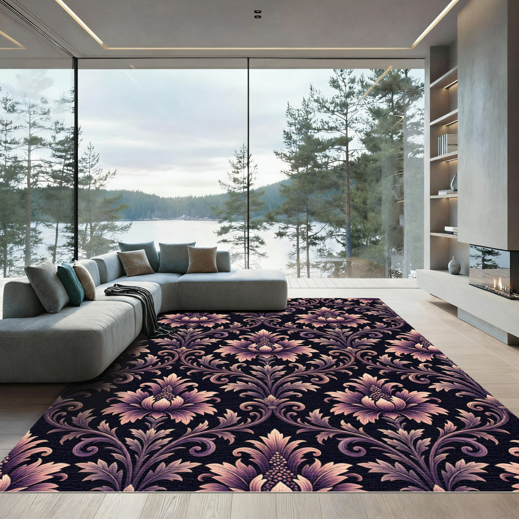 Elegant Damask Floral Mauve Black Wallpaper Rug