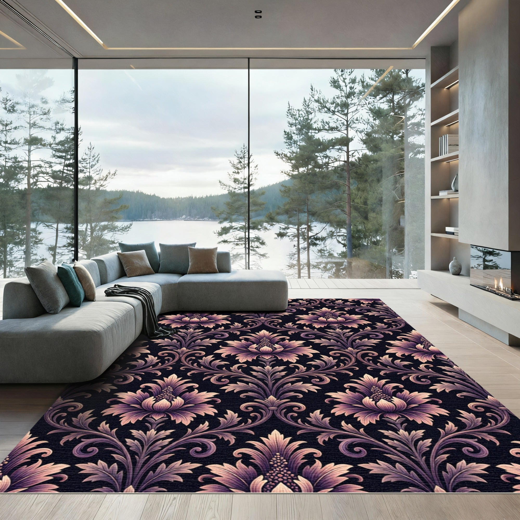 Elegant Damask Floral Mauve Black Wallpaper Rug