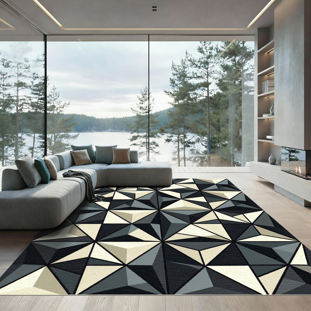 Gray Cream Geometric Faceted Crystal Rug