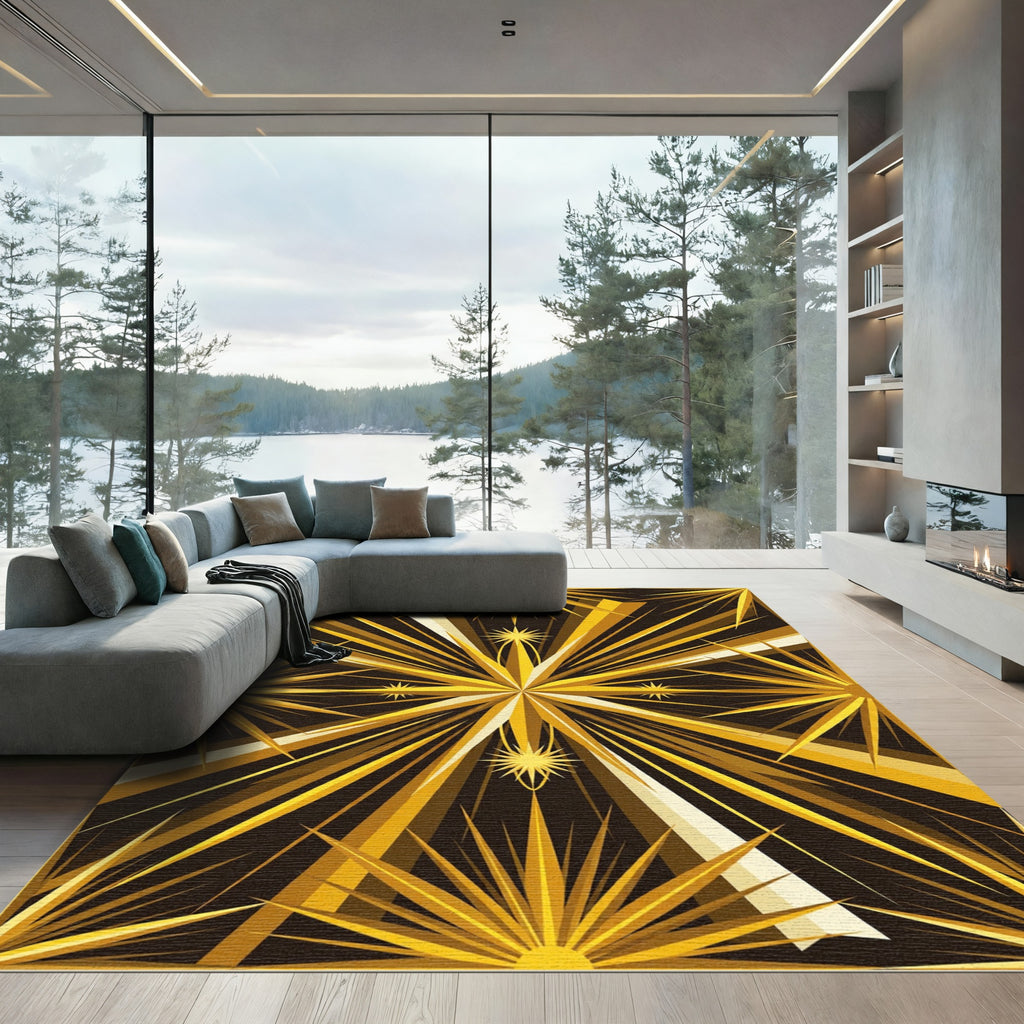 Radiant Golden Sunburst Geometric Art Rug