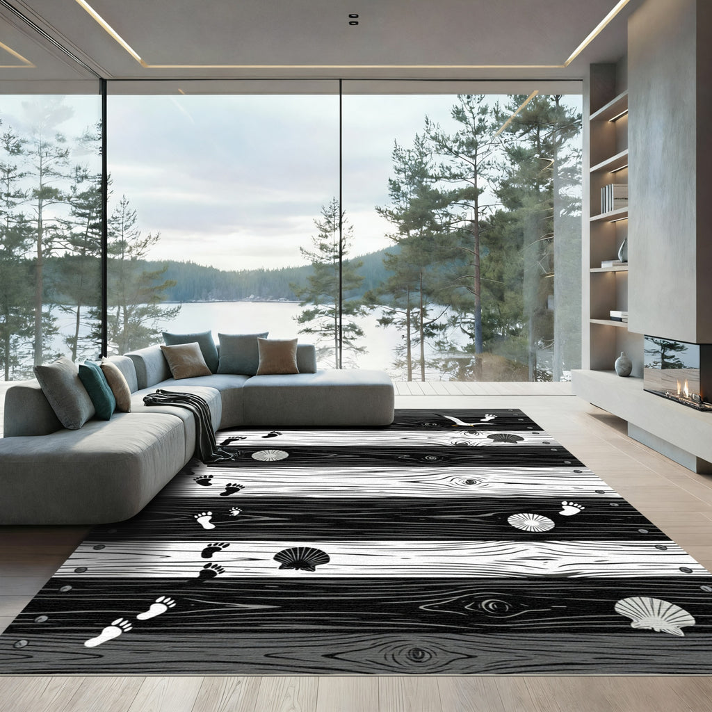 Monochromatic Coastal Plank Seaside Footprints Rug