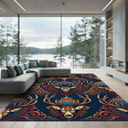 Ornate Regal Stag Royal Blue Gold Rug
