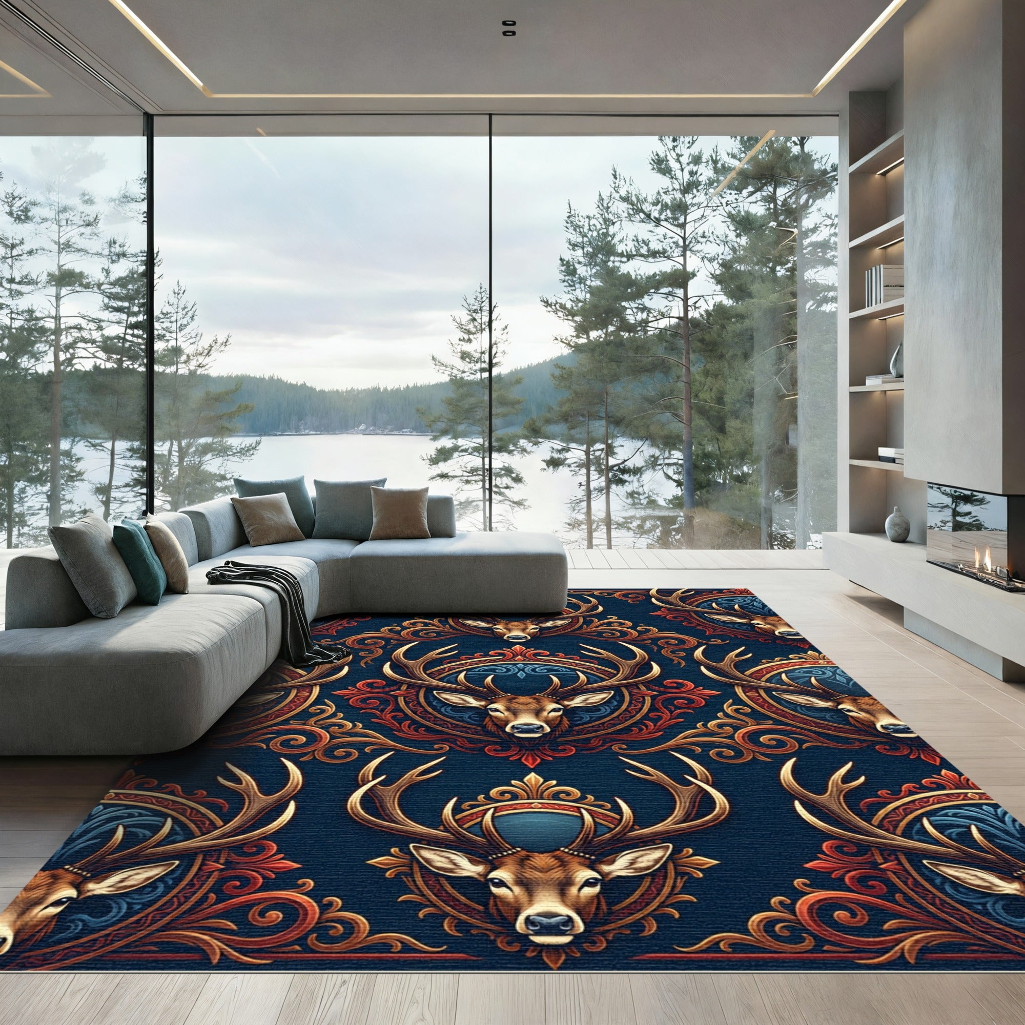 Ornate Regal Stag Royal Blue Gold Rug